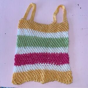 Handmade Crochet Beach Bag Tote Bag Fruit Open Knit Orange Pink Green Striped